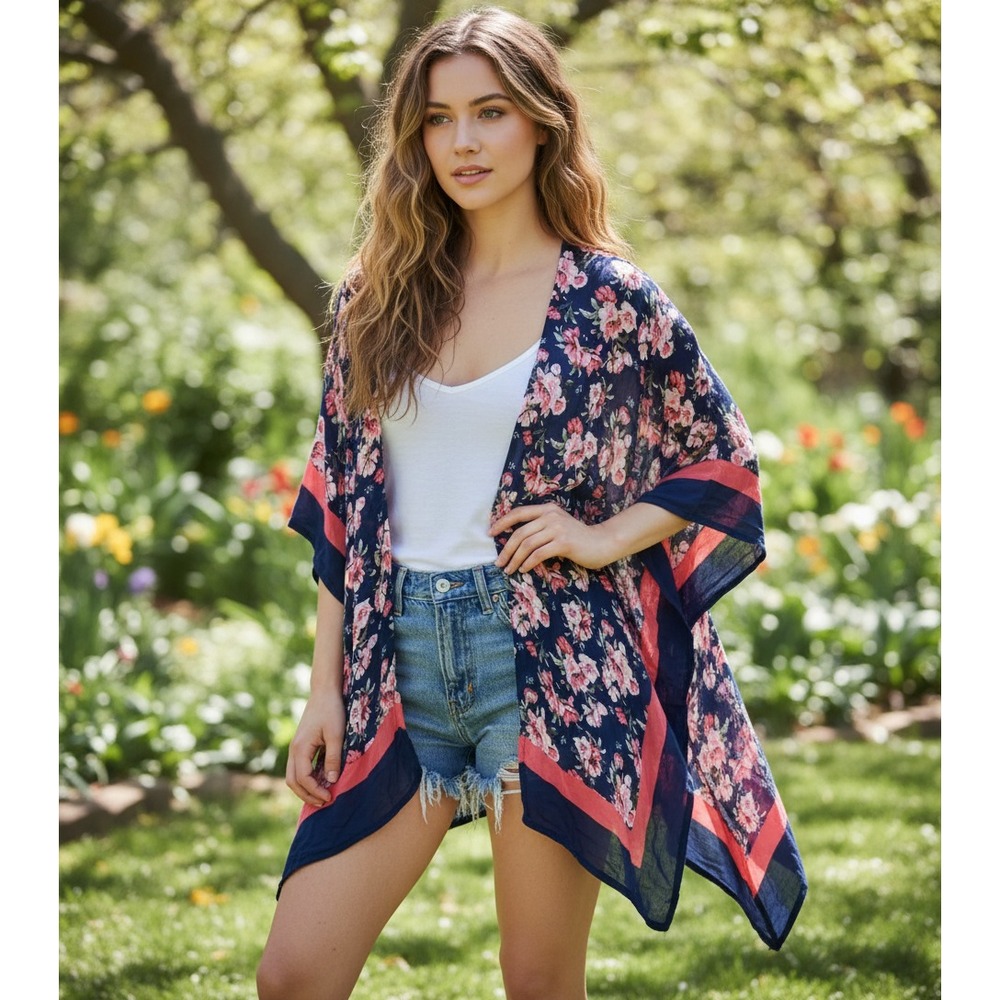 Mario Serrani OS Kimono Tunic Top Blue Pink Floral Cottage Boho Coastal Chic